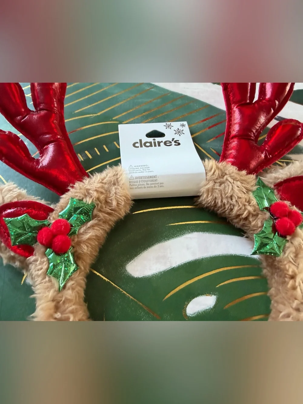 Claire’s Plush Reindeer Antler Christmas Headband Holly NWT